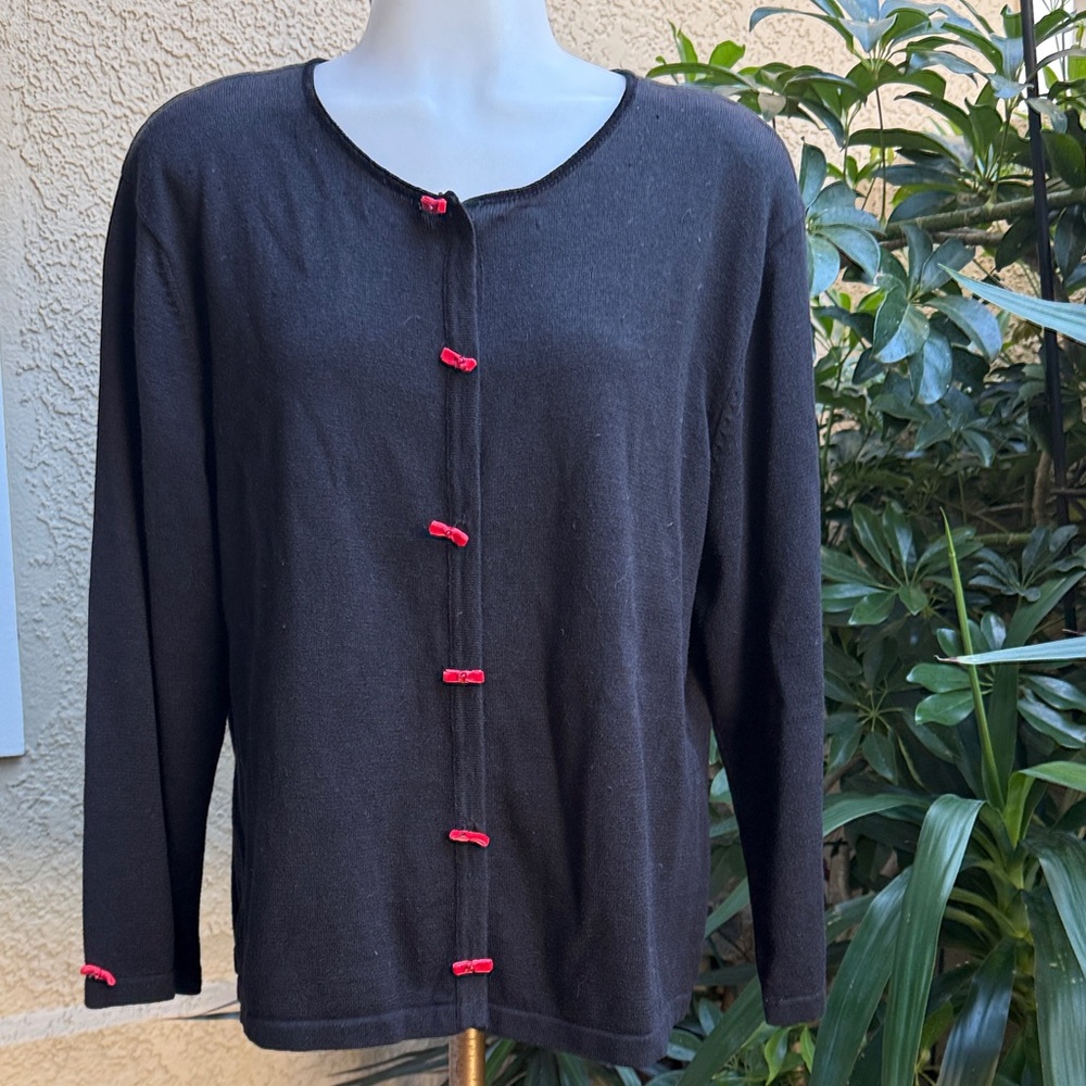 Vintage Black Knit Cardigan with Cute Red Velvet Bows